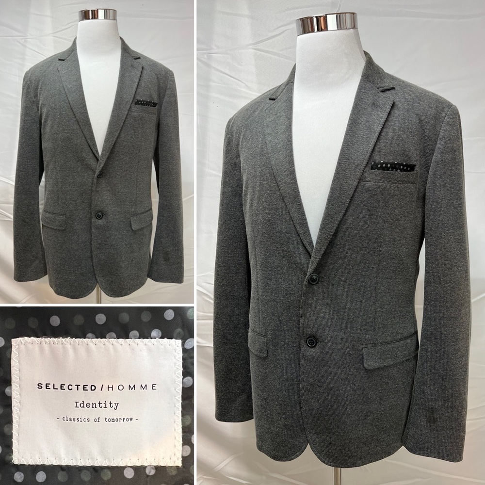 Selected Homme Gray Knit 2-Button EU 56/US 46 Slim Fit Blazer Jacket Sport Coat